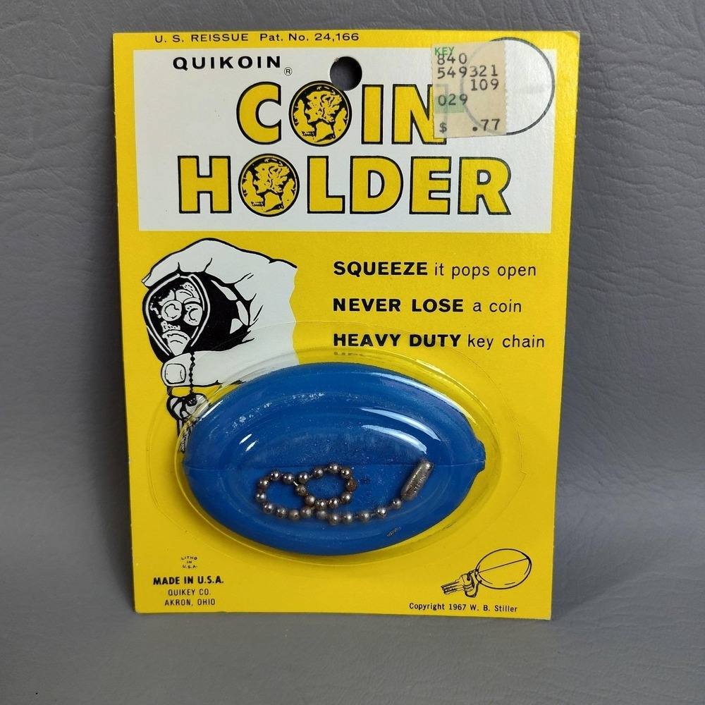 Vintage Quikoin USA Coin Holder Blue Squeeze Coin Purse‎ Key Chain NOS